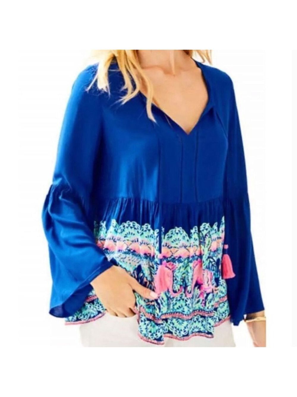 Lilly Pulitzer bright blue pink elephant Khali bell sleeve long sleeve blouse XS